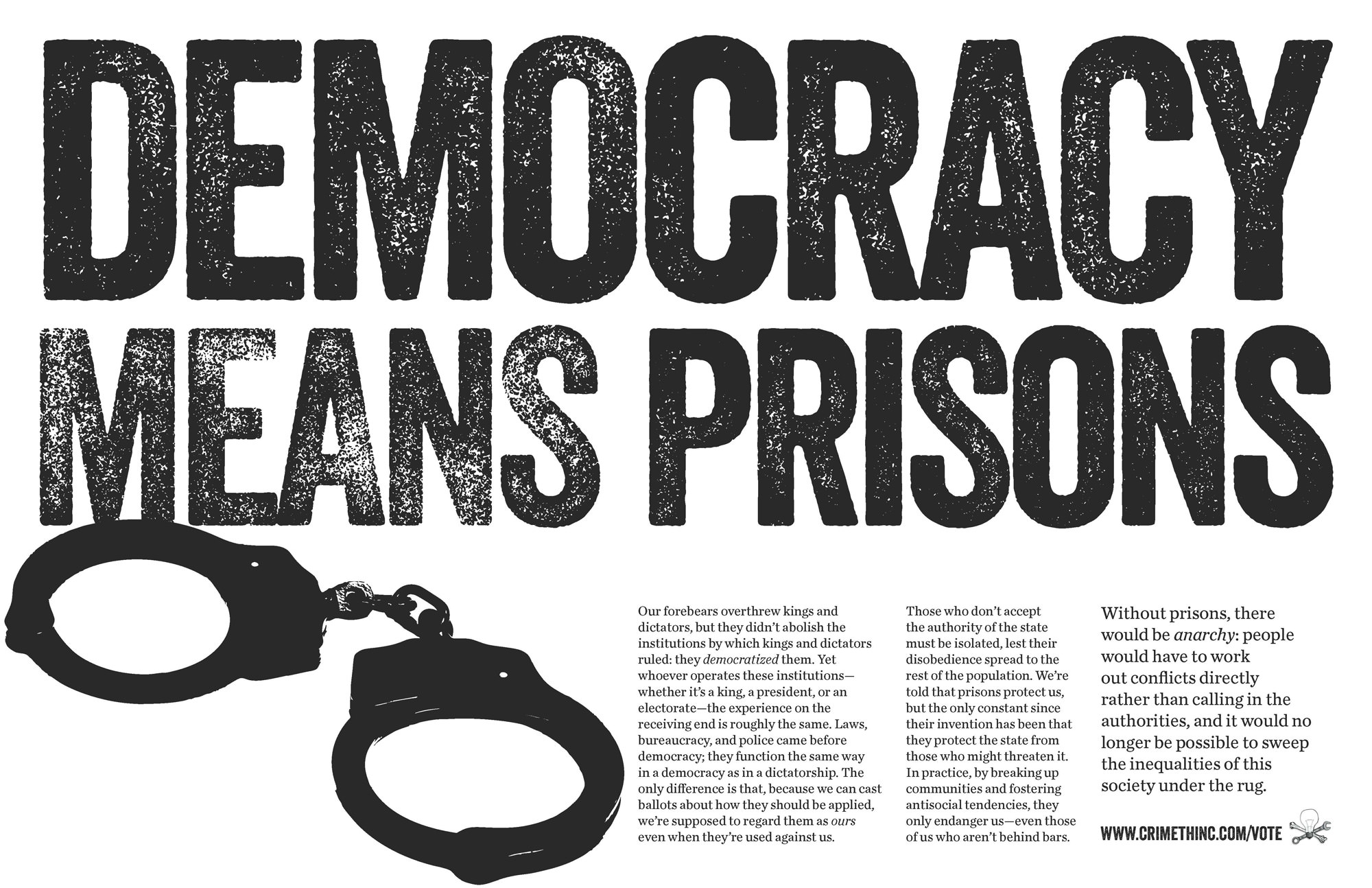 Photo of ‘Democracy Means Prisons’ front side