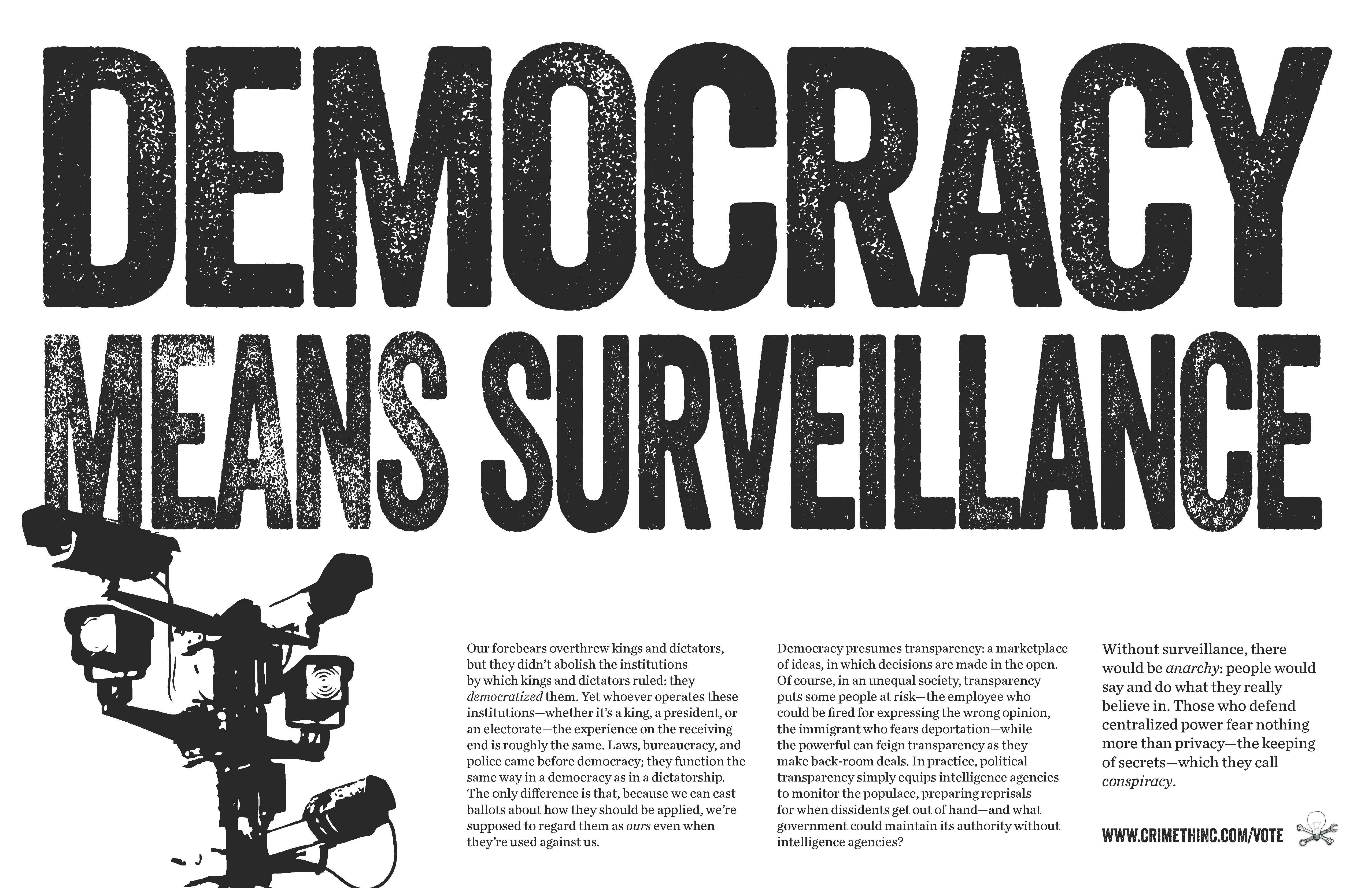 Photo of ‘Democracy Means Surveillance’ front side