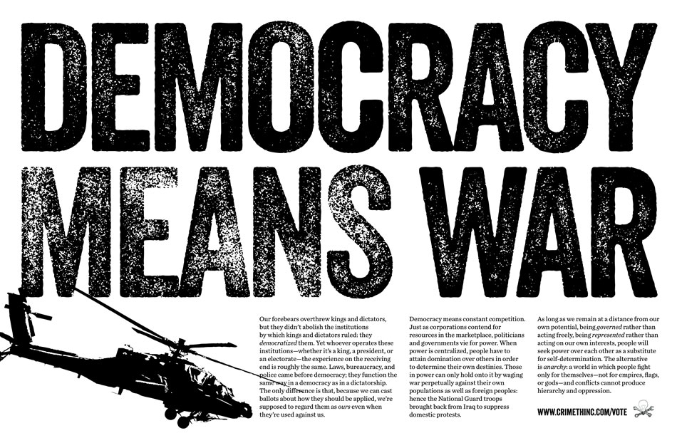 Photo of ‘Democracy Means War’ front side
